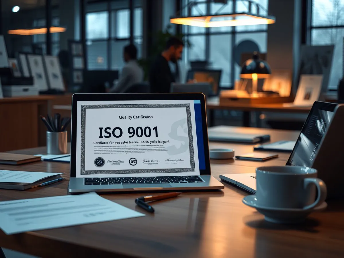 ISO 9001质量管理体系认证证书摆放在办公桌上，旁边有笔记本电脑和办公用品